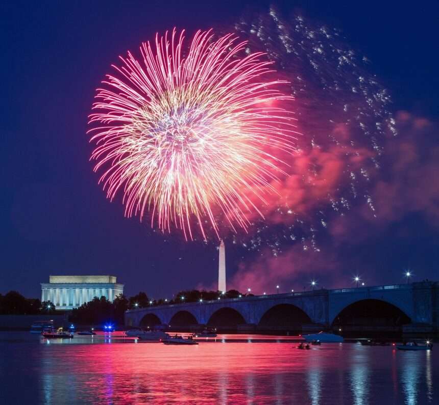 These are Independence Day fireworks appearing over the Washington Monument and Lincoln Memorial.