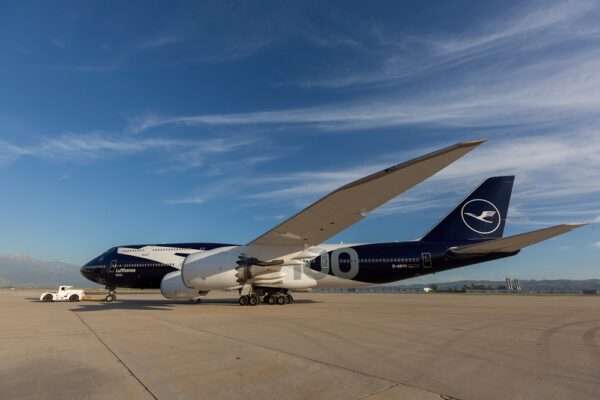 Lufthansa 747-830 (D-ABYN) 100th Anniversary Livery paint hangar rollout at the San Bernardino International Airport on March 3, 2026.